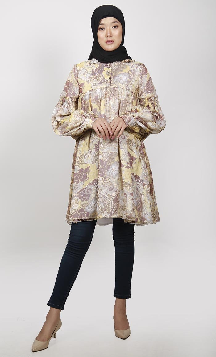 Summer Yellow Paisley Printed Chiffon Tunic With Both Side Pockets