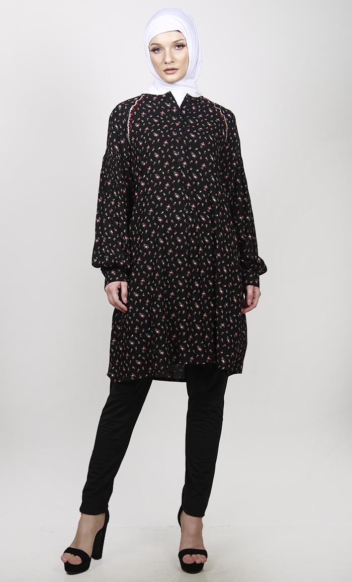 Ditsy Rose Printed Black With Gracefull Embroidery Summer Tunic