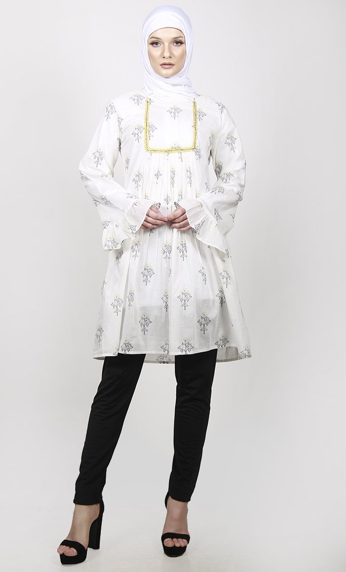 White Printed Cotton Summer Tunic With Leaf Embroidery