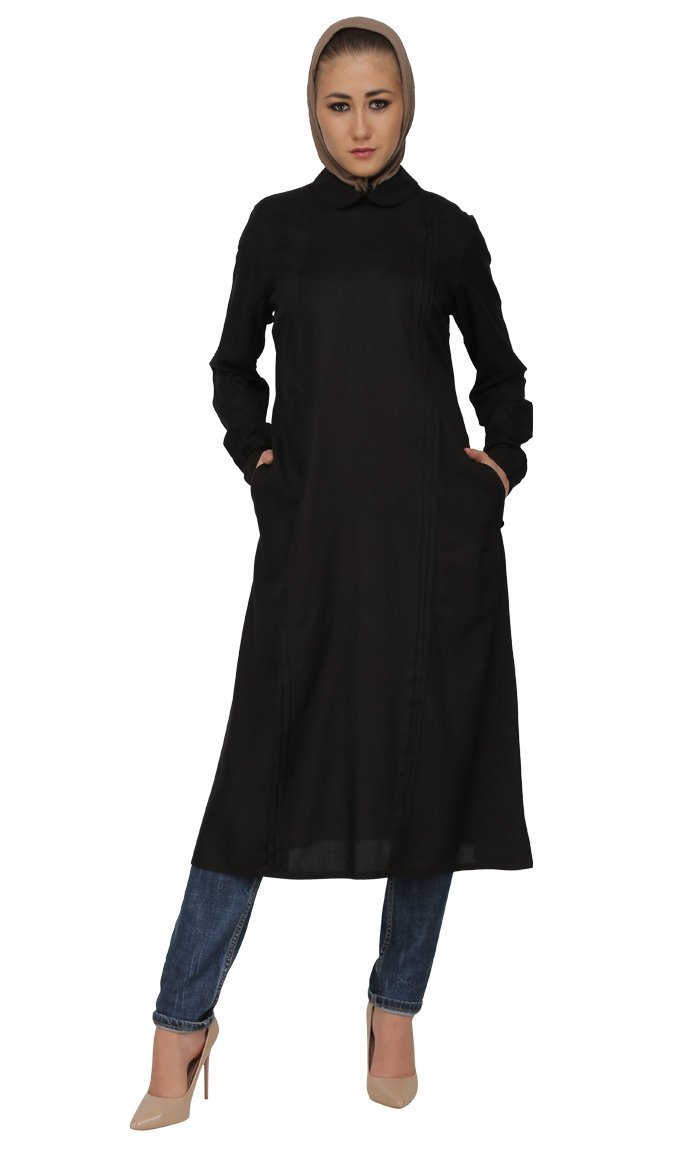 Pleated Panels And Peter Pan Collared Shirt Style Long Tunic