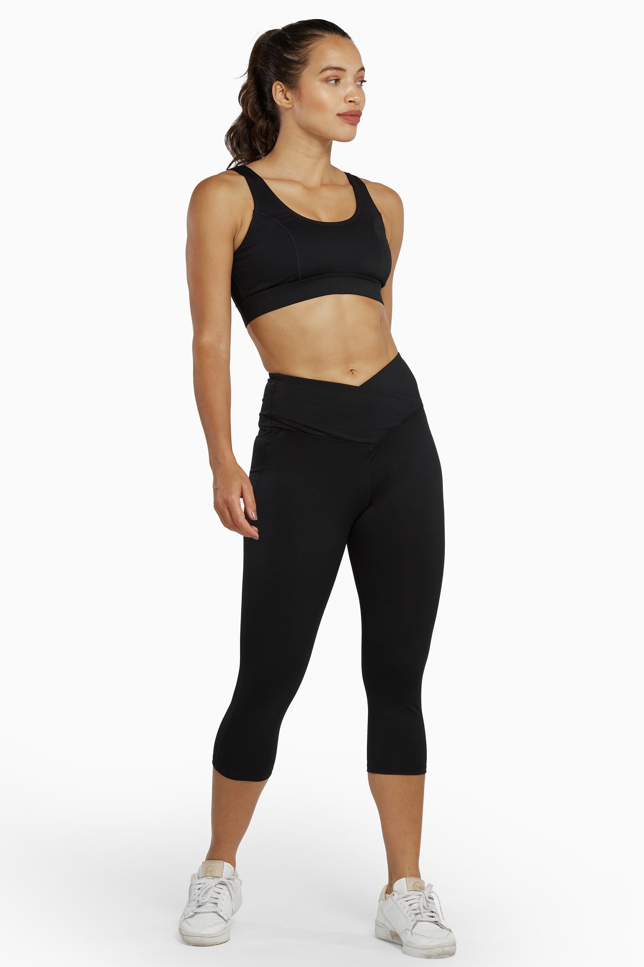 Cropped Leggings with Crossover Waistband Black