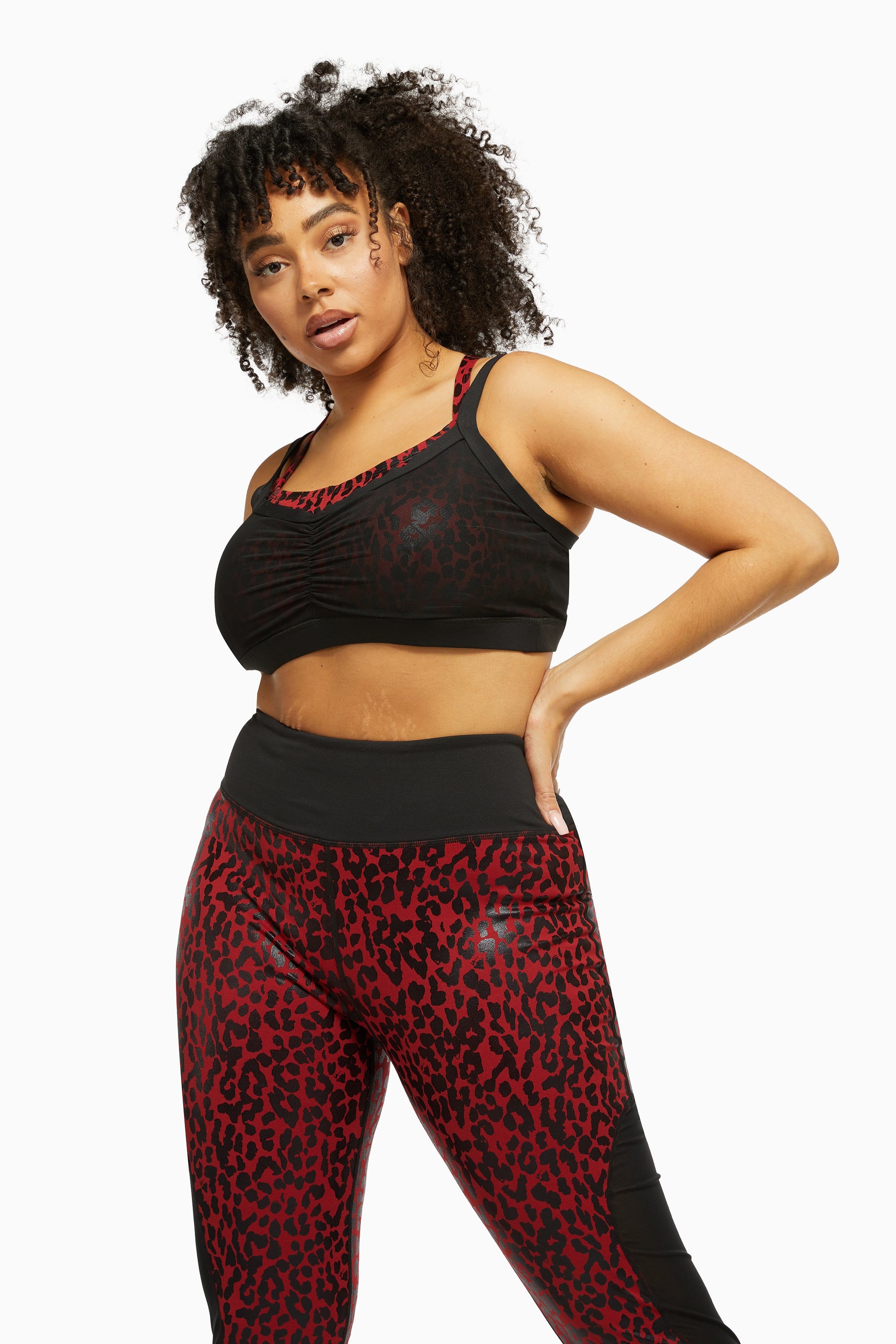 Dark Red and Black Leopard Wet Look Sports Bra Curve