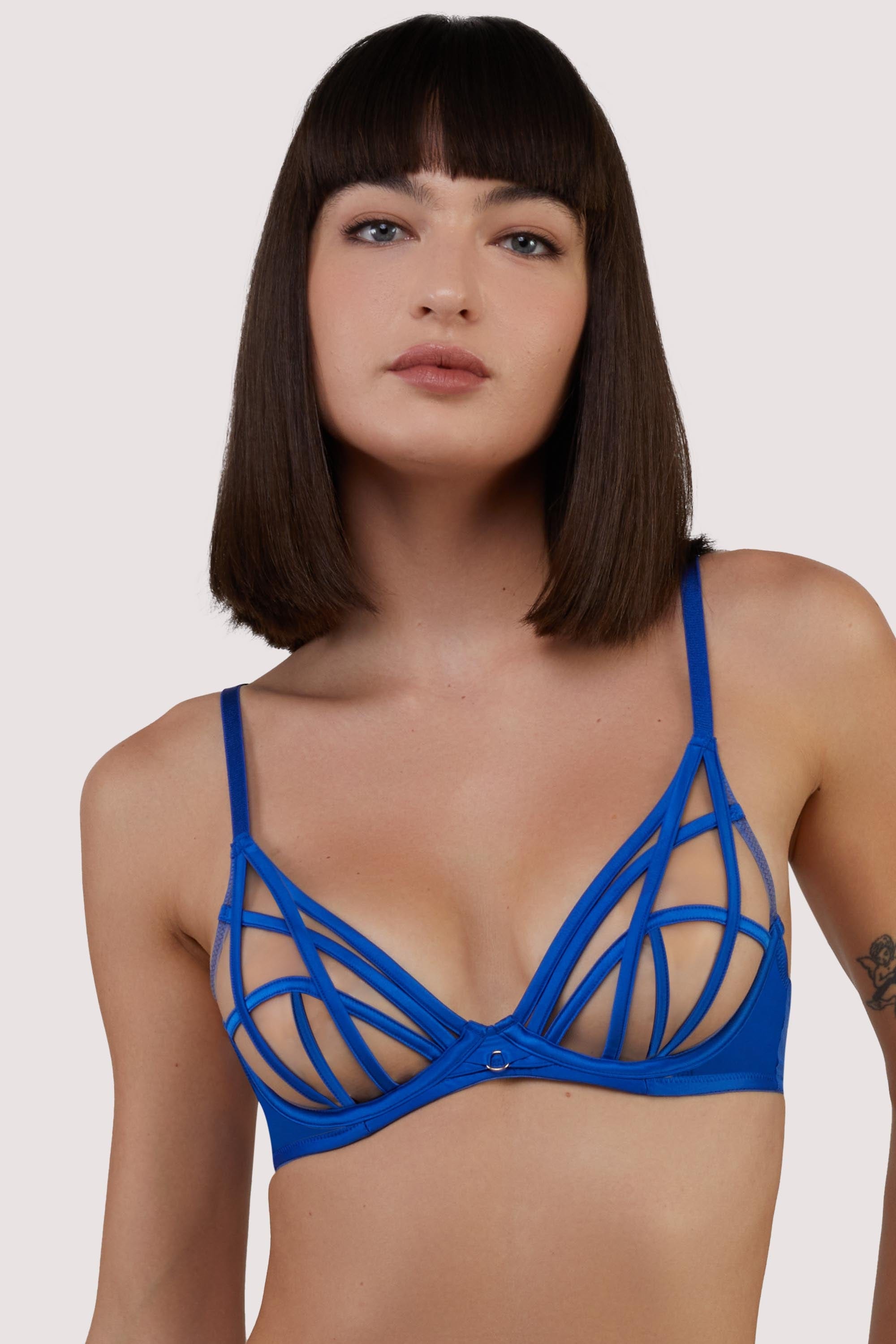 Ramona Cobalt Blue Strap Detail Illusion Sheer Plunge Bra