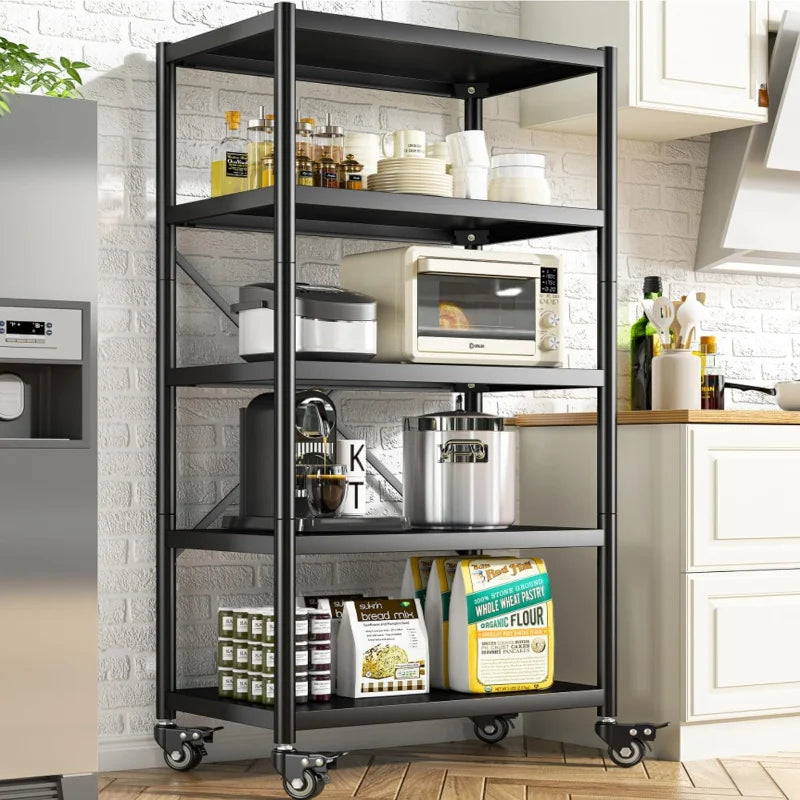 REIBII Metal Kitchen Bakers Rack with Wheels, 5-Tier Rolling Microwave Stand Cart, Free Standing Kitchen Storage Shelf