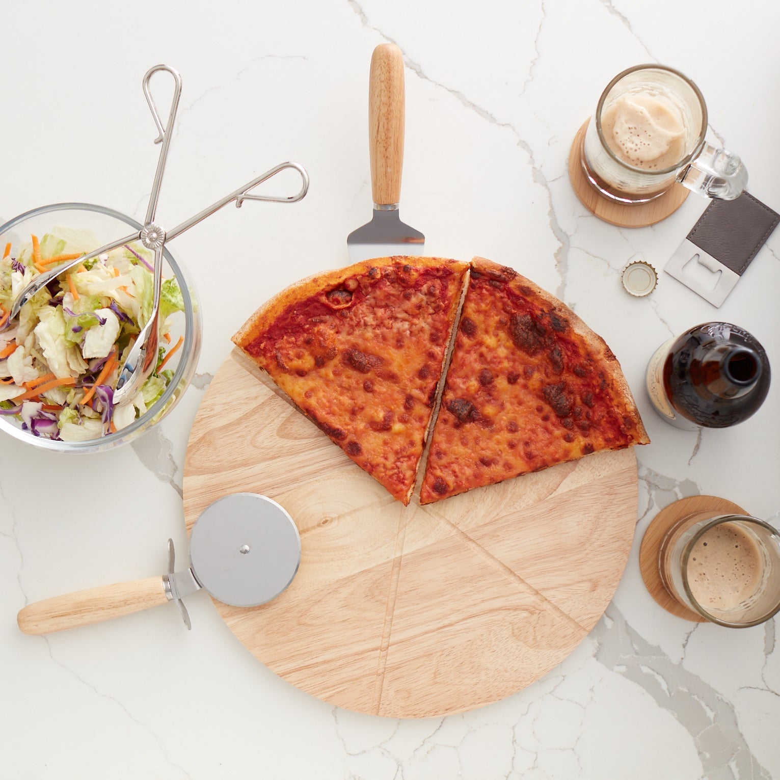 Wooden Pizza Board with Precision Cutting Wheel & Server