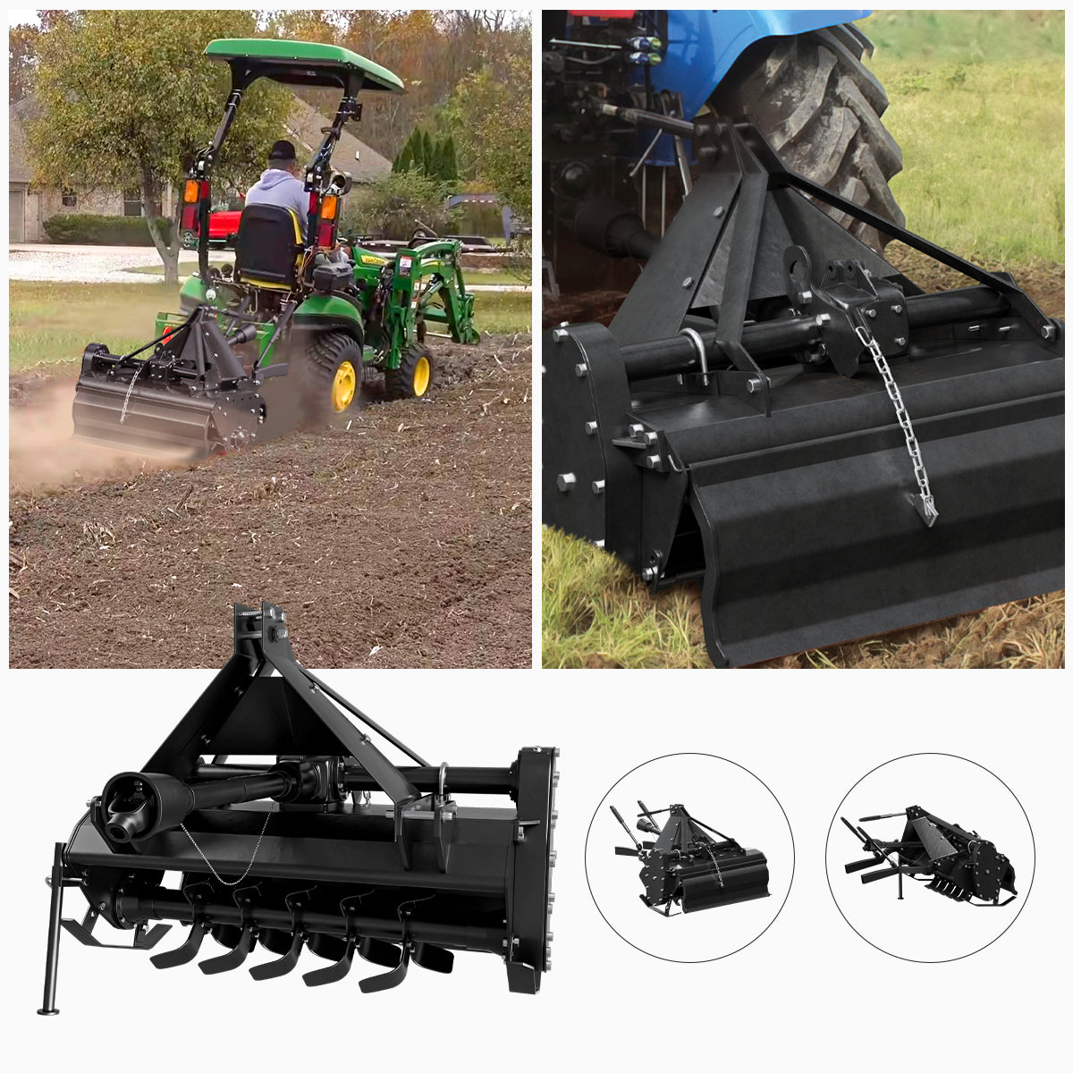 YITAMOTOR Rotary Tiller 48” Heavy Duty 3 PT CAT 1 Hitch PTO Driven Gear Drive Attachme nt for Farm Gardens Food plots